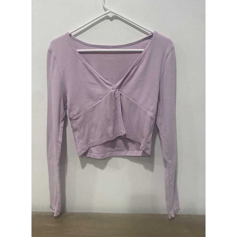 Aeropostale Y2K Babydoll Cropped Top Ribbed Knit Long Sleeve Twist Front Sz L